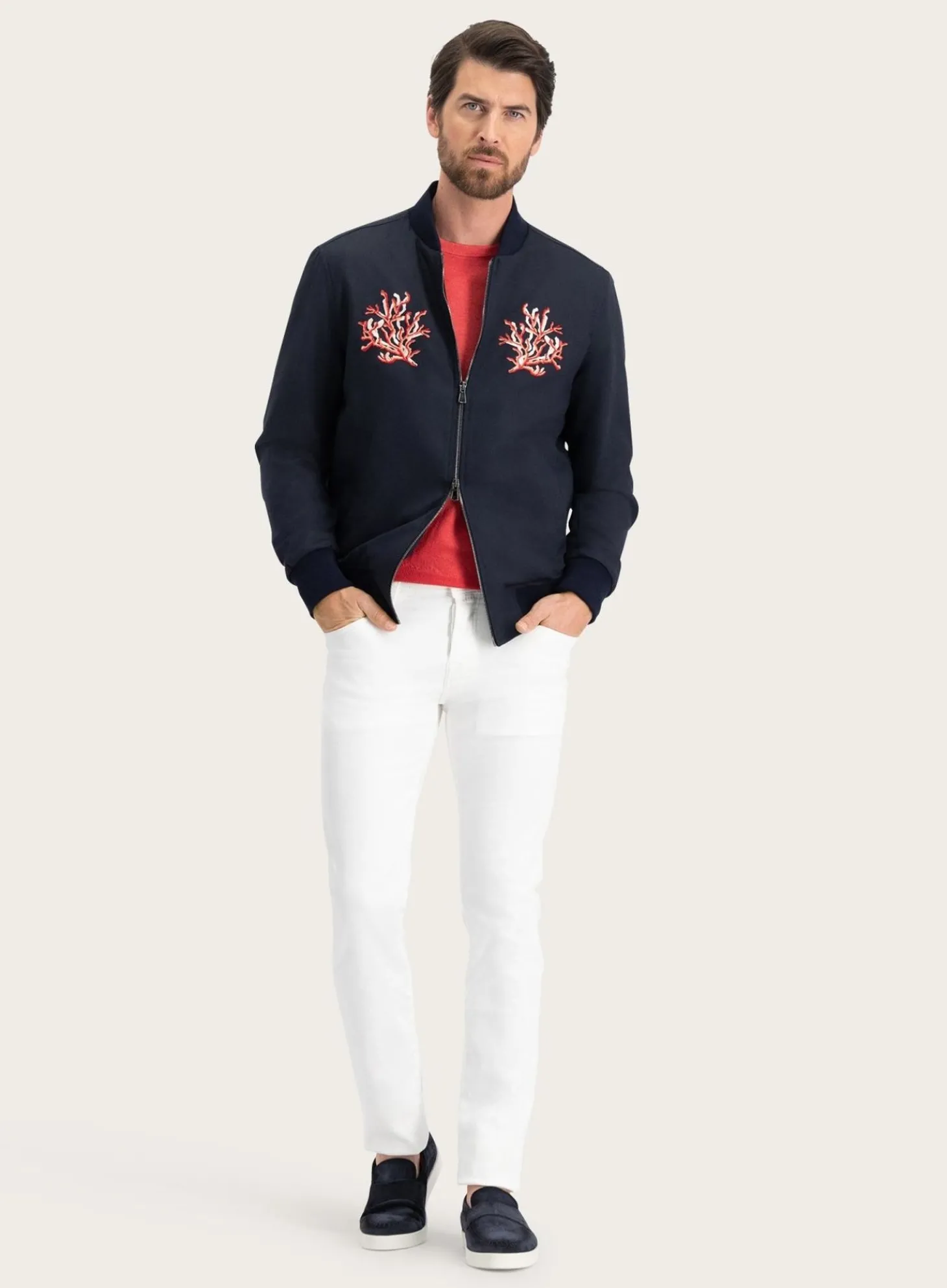 Isaia Bomberjack Met Print Van Wol, Zijde En Cashmere Blue Navy Online